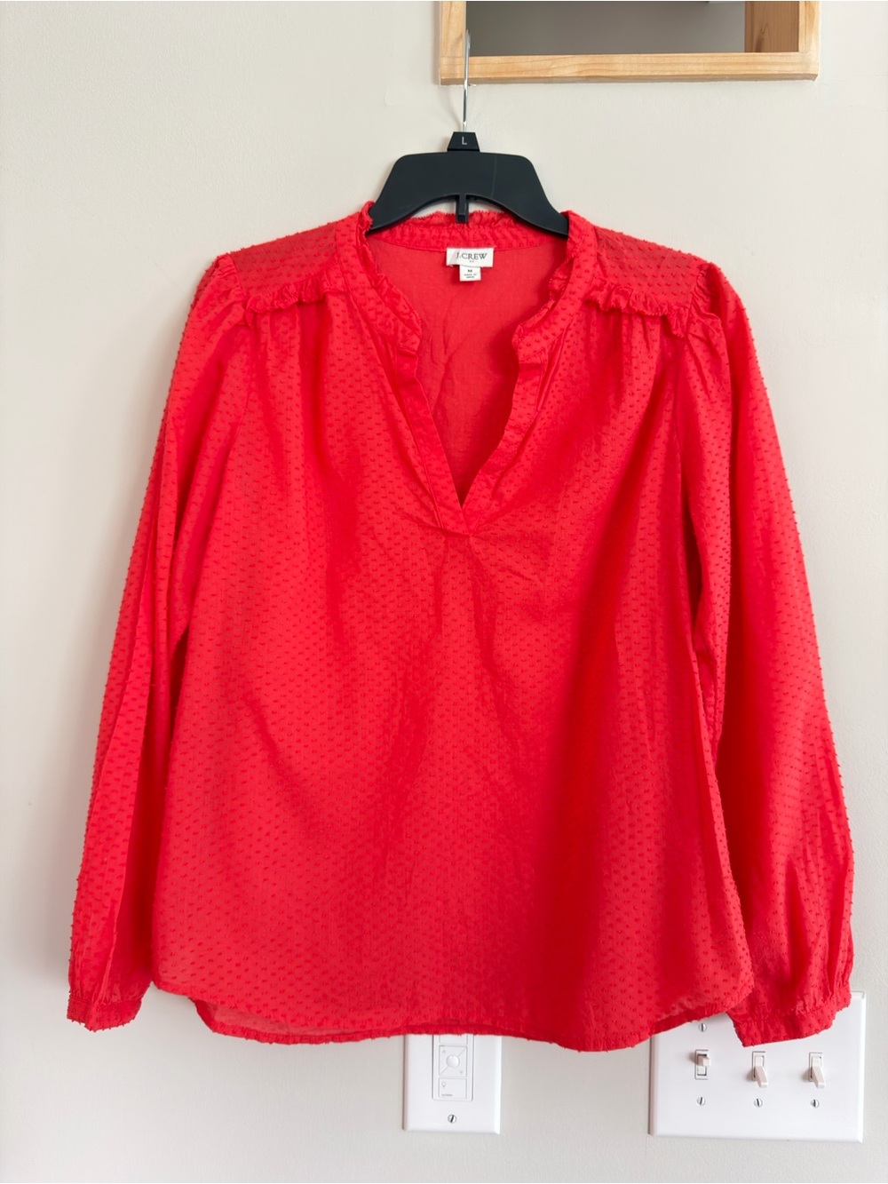 J. Crew Bright Red V-Neck Long-Sleeve Dotted Swiss Blouse
